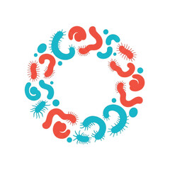 Fototapeta premium A rhythmic circular arrangement of stylized probiotic microbes and beneficial bacteria shapes. The composition uses organic silhouettes to represent a thriving gut ecosystem. High contrast