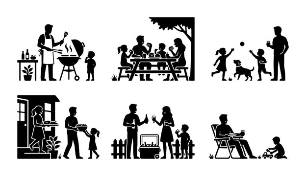 Family Outdoor Activities Set, Picnic, BBQ, Play, 6 Vector Silhouettes for Lifestyle Design