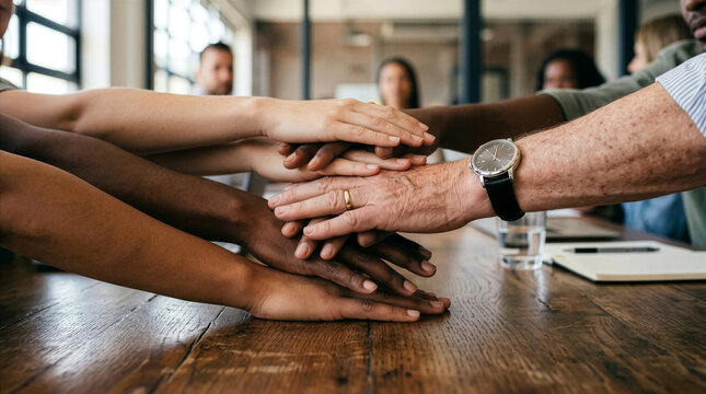 Diverse Group of Collaborating Hands Meeting Over a Dark Wood Table Top