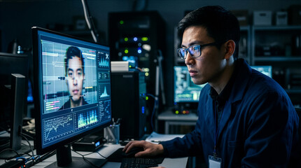 Fototapeta premium Asian Business Analyst Reviewing Complex Data Visualization in Low Light Control Room Setting