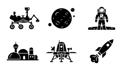 Space Exploration Icons: Rocket, Astronaut, Rover, Moon, Lunar Base, Spaceship Vector Set © Moniya