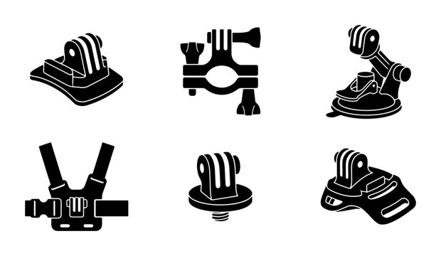 Action Camera Mounts Set, Versatile Accessories Collection, Outdoor Sports Gear, Vector Icons