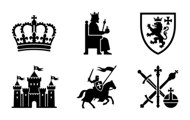 Fototapeta premium Medieval Royal Symbols Vector Icons: Crown, King, Castle, Knight, Sword, Scepter Set