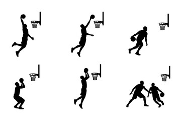 Basketball Action Silhouettes: Dunking, Shooting, Dribbling, Players, Sports Vector Icons © Moniya