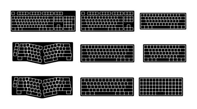 Computer Keyboard Icons Set, Digital Input Devices, Ergonomic and Standard Layouts, Black and White Vector Graphics