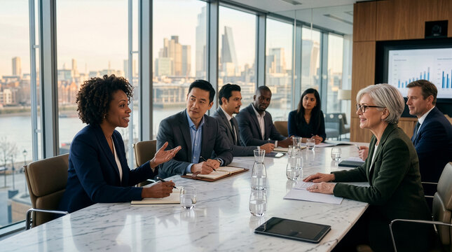 Diverse Team Collaborating Over Large Marble Table with Window View of Skyscraper Skyline