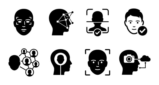 Facial Recognition Icons Set, Biometric Identification, Security System, AI Technology, Human Face Scan