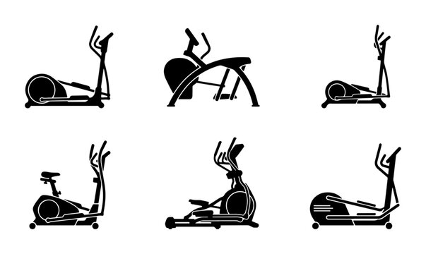 Elliptical Trainer Icons, Fitness Equipment Silhouettes, Cardio Machine Vector Set