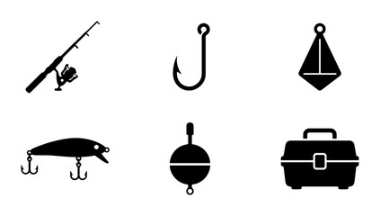 Fishing Gear Icons Set: Rod, Lure, Hook, Bobber, Tackle Box, Vector Graphics © Moniya