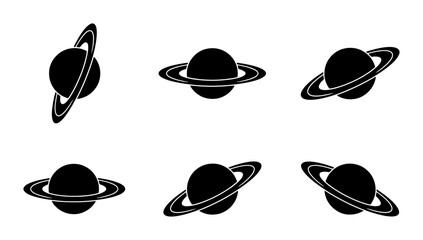 Saturn Planet Icons, Space Celestial Body Vector Graphics, Cosmic Ringed World Illustrations © Moniya