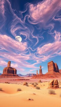 Surreal desert landscape with towering rock formations and a sky filled with swirling, iridescent clouds and twin moons, surreal,  towering