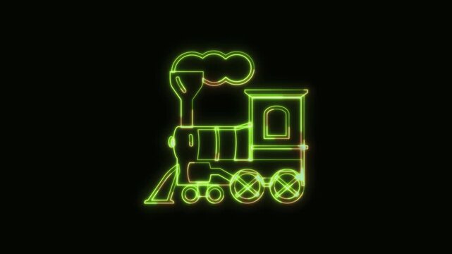 Steam Train Icon Neon Seamless Loop 4K Black Background Animated Promotional Typography for Video Editing