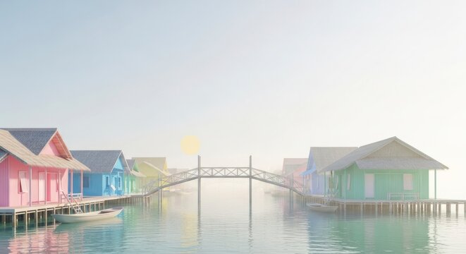 Des maisons color&eacute;es sur pilotis, en bord de mer, sont reli&eacute;es par un pont enjambant des eaux calmes.