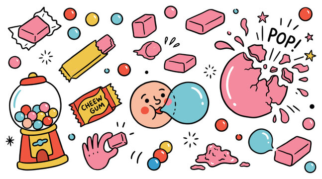 Colorful hand-drawn bubble gum elements including a gumball machine, chewing gum, and a person blowing a bubble