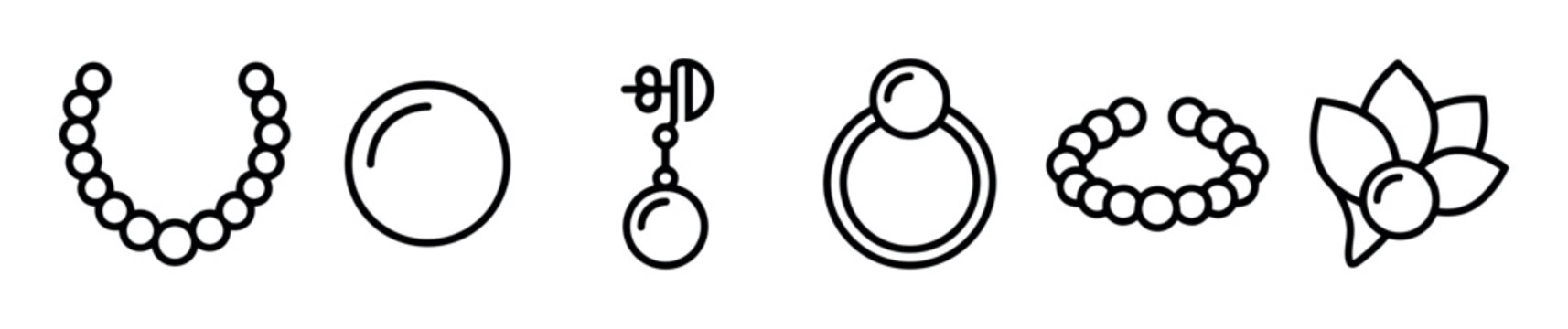 Various pearl jewelry items, including necklaces, earrings, rings, and bracelets, are depicted in a simple line art style