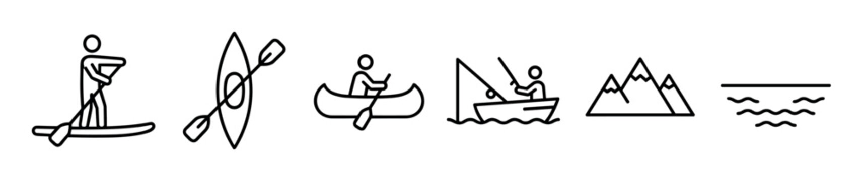 Various outdoor activity icons including paddleboarding, kayaking, canoeing, fishing, mountains, and water, depicted in a clean line art style