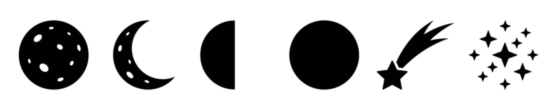 Collection of simple black celestial icons including various moon phases, a shooting star, and a cluster of twinkling stars