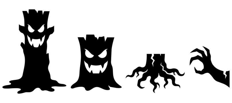 Spooky halloween evil tree stumps and zombie hand black silhouette icon set