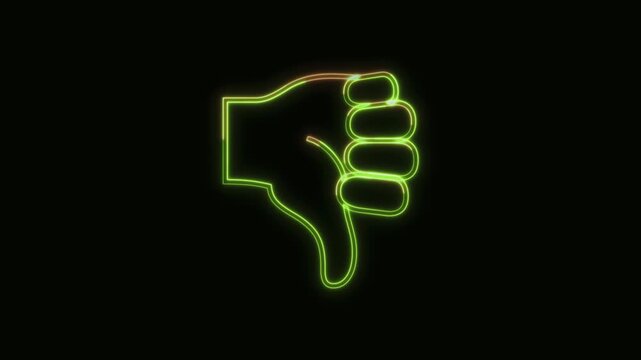 Thumbs Down Icon Neon Seamless Loop 4K Black Background Animated Promotional Typography for Video Editing