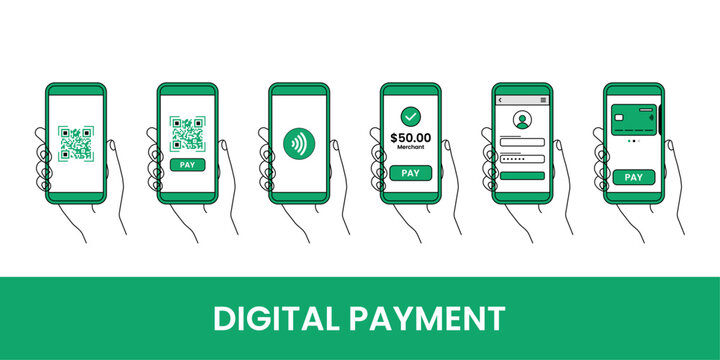 Set of digital payment methods on smartphones, flat vector illustration