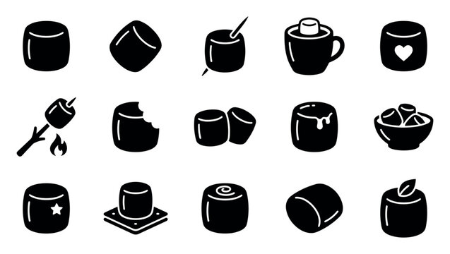 Various black marshmallow icons are displayed in a grid, featuring different shapes, preparations, and decorative elements in a simple graphic style