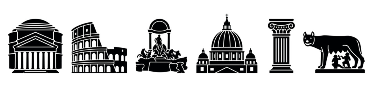 Iconic black silhouettes of historical Roman landmarks and symbols are arranged horizontally, featuring famous architectural structures and sculptures