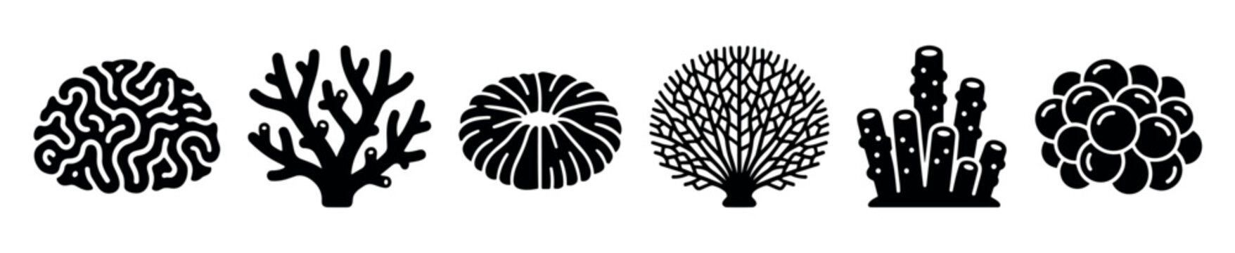 Six distinct black coral and sea sponge icons are arranged horizontally, showcasing various marine life forms in a clean, graphic style