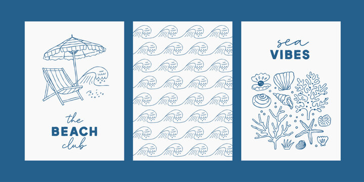 Set of summer vacation posters with beach umbrella, beach chair and seashells. Illustrations for wall art decoration, print, postcard, cover design.