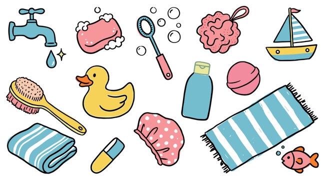Various colorful hand-drawn bath time objects, including a rubber duck, soap, and towel, arranged playfully on a clean surface