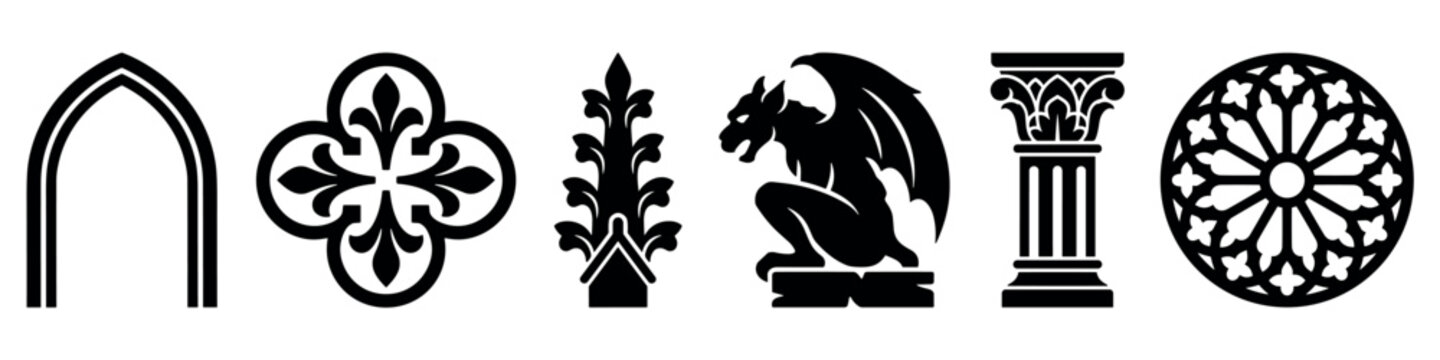 Six black gothic architectural elements are arranged horizontally, including an arch, quatrefoil, finial, gargoyle, column, and rose window