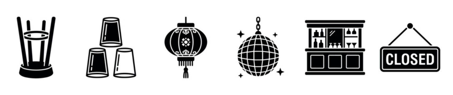 Collection of six black silhouette icons representing various entertainment and service elements, including a bar, disco ball, and closed sign