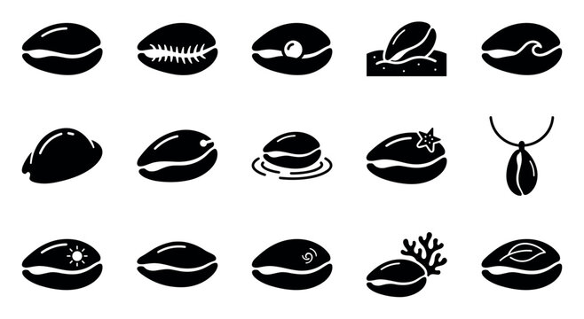 Collection of various stylized cowrie shell icons in solid black, depicting different forms and contexts in a clean graphic style