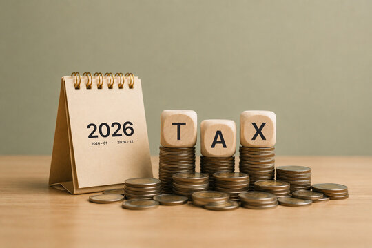 2026 Calendar and Word Tax on coin. Business tax management concept. Tax deduction planning and calculation tax return from government. personal taxes report. Financial research, Taxation season