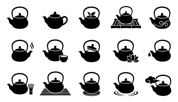 Collection of fifteen black silhouette teapot icons, each featuring unique details and traditional Asian tea ceremony elements