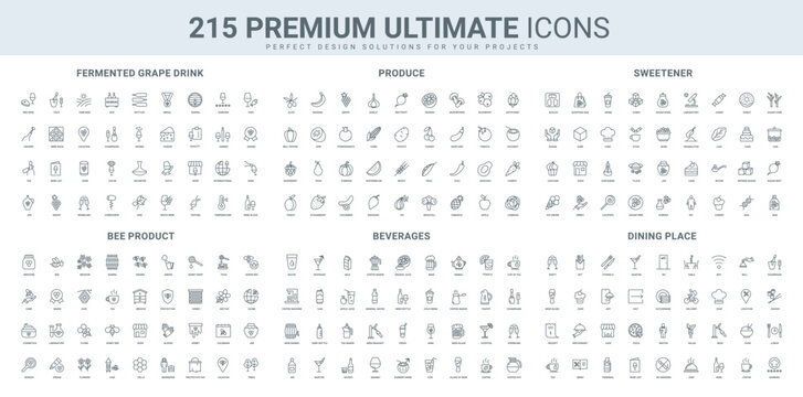 Elegant ultimate icon set focusing on food and beverages, including produce, sweeteners, bee products, drinks, and dining essentials. Great for culinary and hospitality themes.