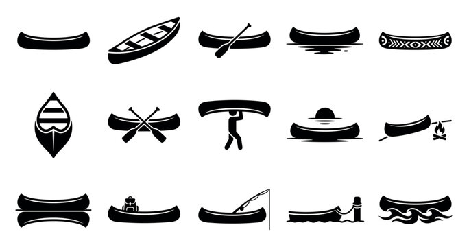 Collection of various simple black canoe icons depicting different activities and perspectives on a white surface