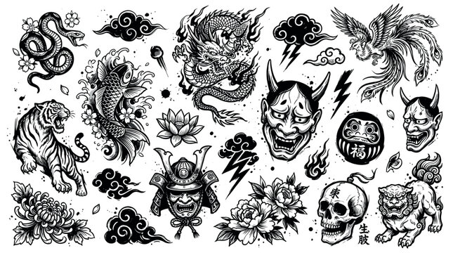 Collection of black and white traditional Japanese tattoo designs featuring dragons, tigers, masks, and floral elements in a bold, illustrative style