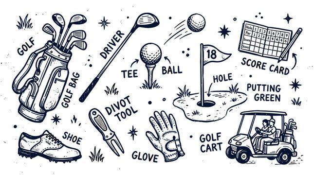 Hand-drawn golf equipment collection with various items like a golf bag, clubs, ball, tee, and score card, in a vintage sketch style