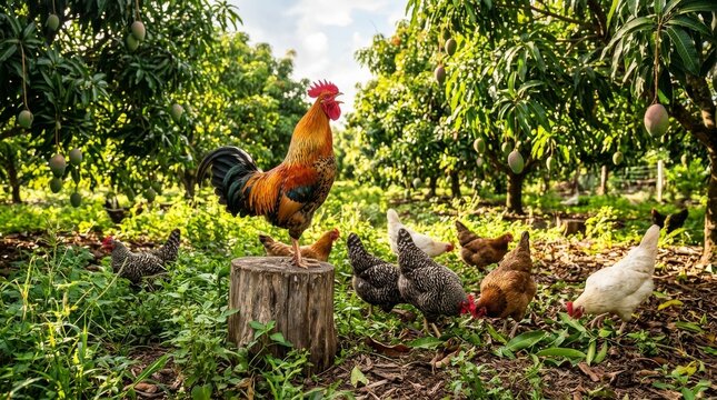 Happy free-range chickens and a rooster roam in a lush, green orchard on a sunny day