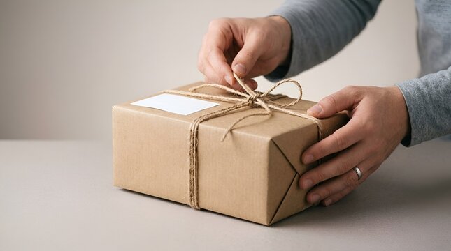 Hands tying twine around a brown paper gift box with blank label