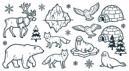 Fototapeta premium Hand-drawn collection of various arctic animals and elements including a reindeer, polar bear, foxes, owls, walrus, seal, igloos, iceberg, and snowflakes