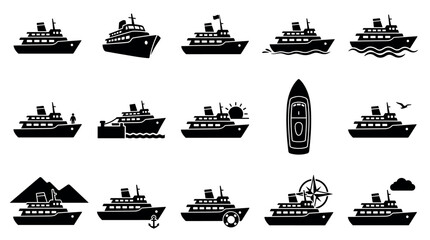 Obraz premium Collection of various simple black cruise ship and boat icons in different styles, representing travel and vacation