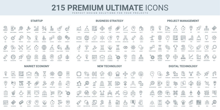 Creative startup and project management, market and economy , digital technology thin black line icons set vector illustration. Outline symbols of business strategy analysis, AI and machine learning