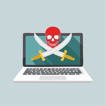 Laptop Displaying Pirate Flag Skull and Crossbones