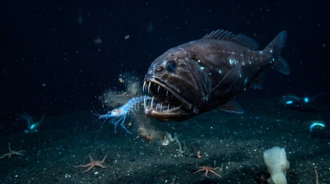 Deep Sea Fangtooth Fish Hunting Glowing Shrimp on Dark Ocean Floor with Bioluminescent Creatures