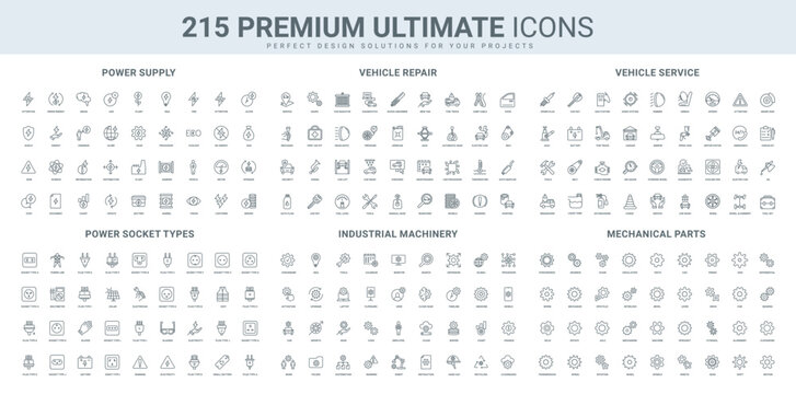 Car parts store and motor vehicle repair, diagnostics line icon set. Gears of industry, energy and power production, machine system activation thin black and red outline symbols vector illustration