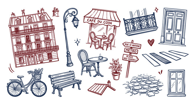 Hand-drawn Parisian street elements collection featuring a classic building, cafe, bicycle, and street signs in a charming sketch style