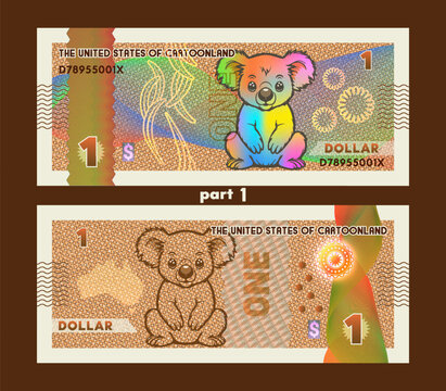 Beautiful vector cartoon banknote. Obverse and reverse. Cute rainbow koala toon. Colorful 1 dollar bill. Guilloche, security mesh and hologram. One. Orange game coupon. Brown. Part 1