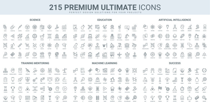 Science research and education, AI and machine learning thin black line icons set vector illustration. Outline symbols of digital technology, success of training and mentoring, robot equipment