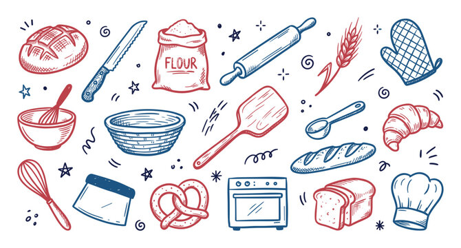 Hand-drawn baking ingredients and kitchen tools pattern featuring bread, flour, and oven in a playful doodle style